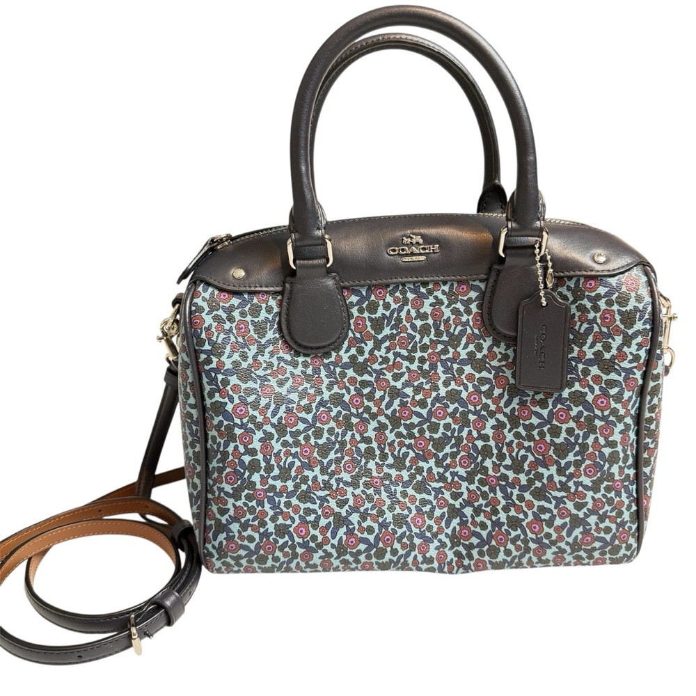 Coach Floral Print Satchel in Light Blue and Dark Brown